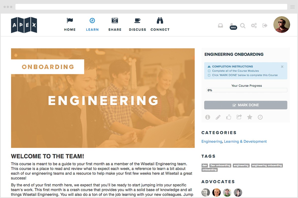 A screenshot of the Wisetail LMS that features employee onboarding for the Engineering Team.
