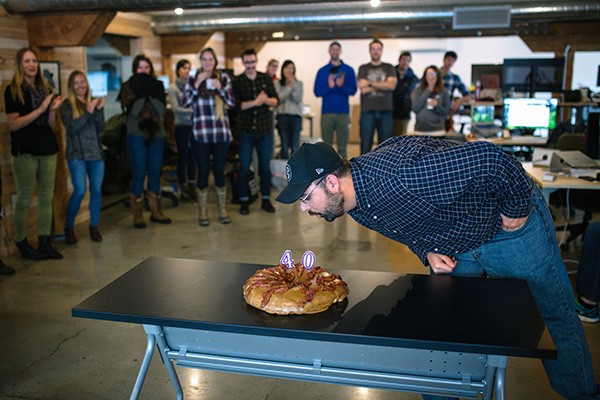 Wisetail LMS team members celebrate a birthday.