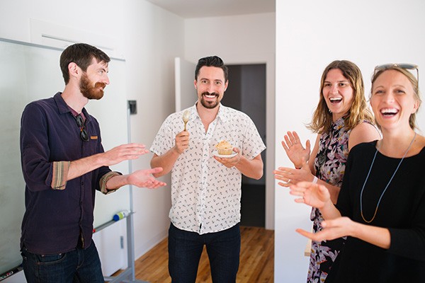 Wisetail employees Nick, Ray, Madison, and Courtney celebrate Ray's birthday.