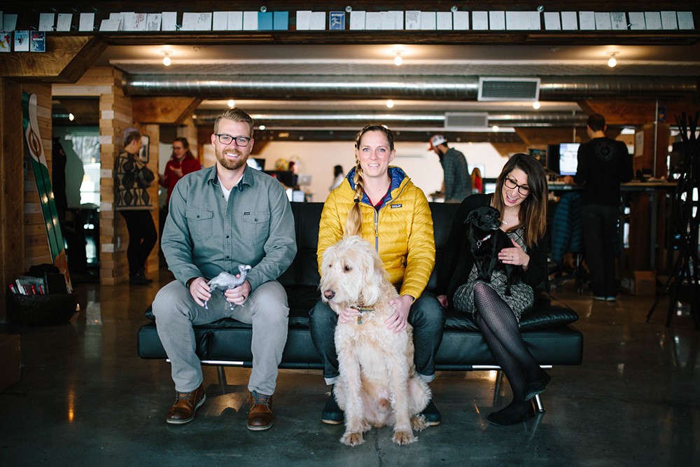 Wisetail LMS employees Josh, Kelsey, Cristy, and their dogs Lincoln and Rue pose for the camera at Wisetail HQ.