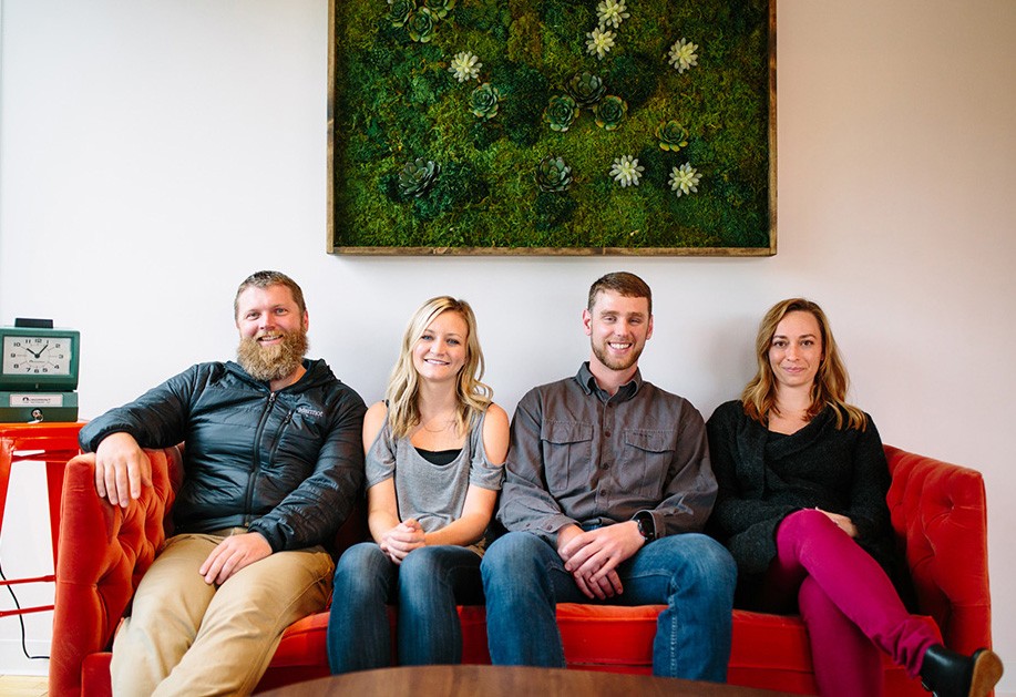 Wisetail employees Bjorn, Meghan, Ryan, and Kati take in a company lunch at the Wisetail LMS HQ.