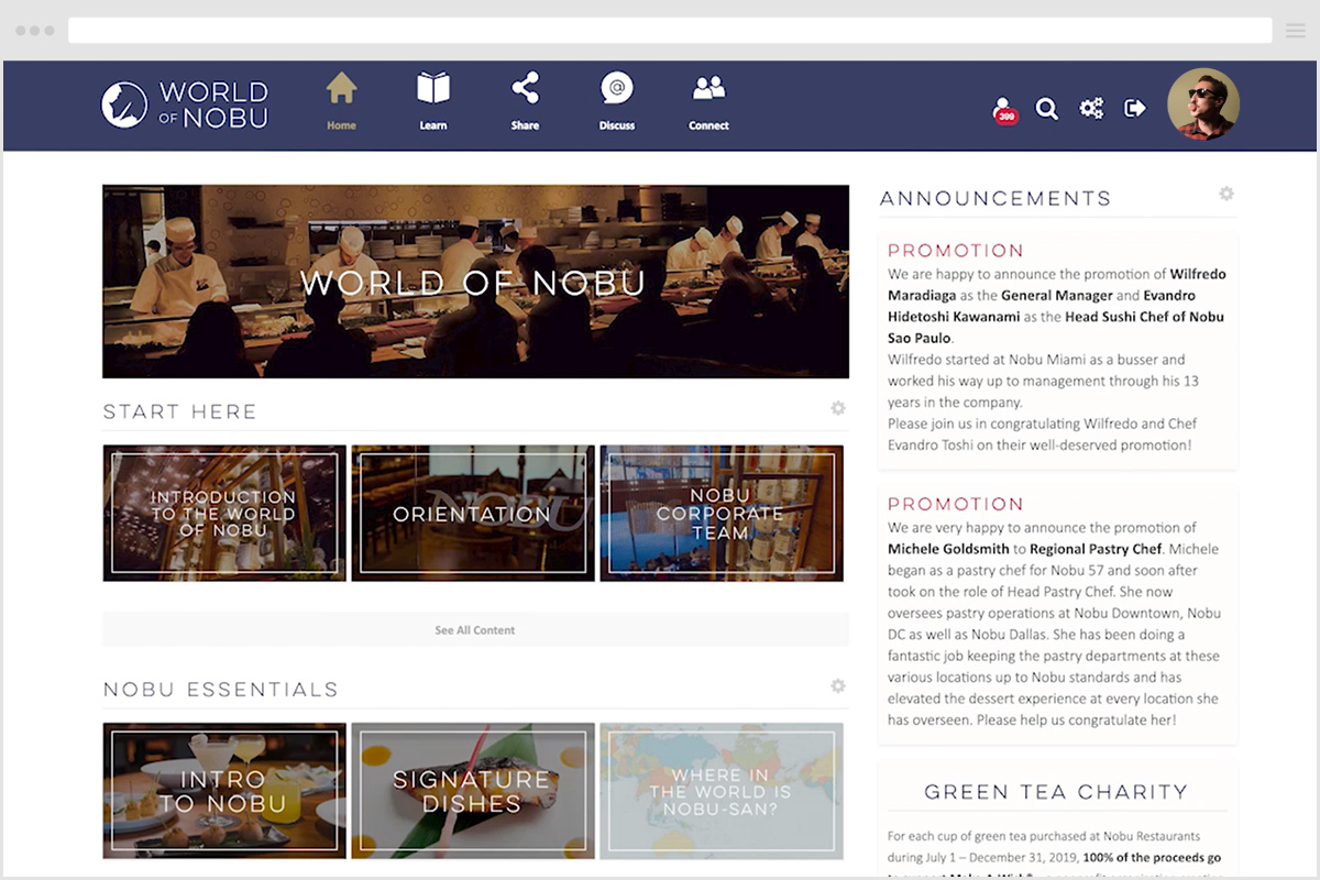 A screenshot of Nobu's homepage made with the Wisetail LMS called World of Nobu.