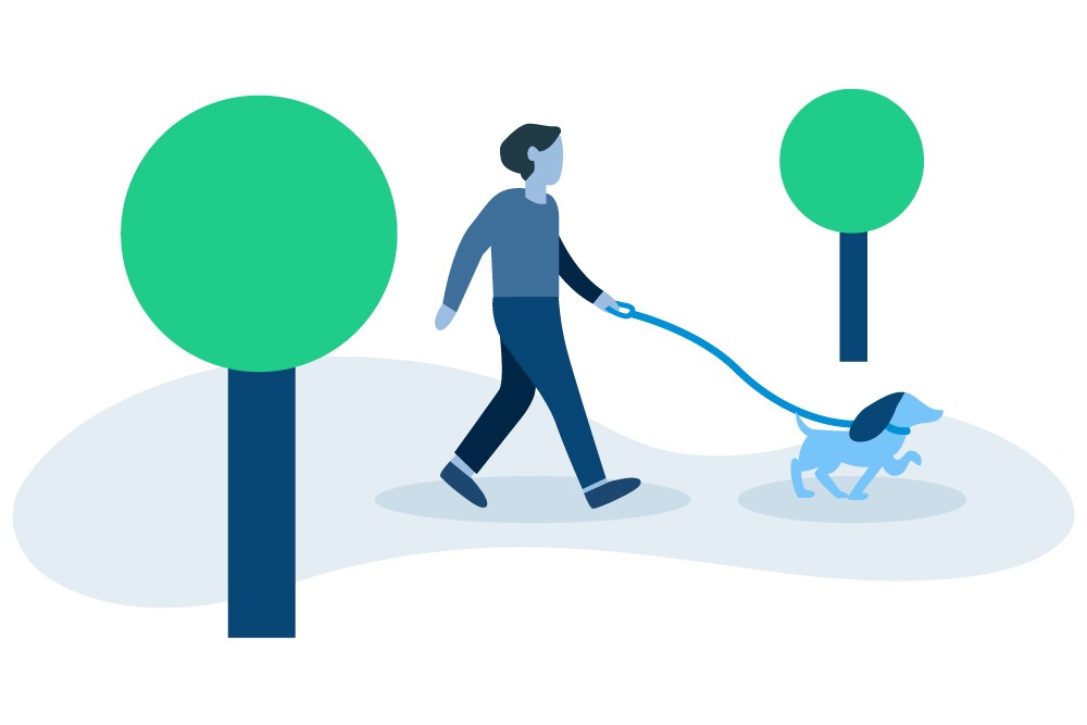 Wisetail LMS remote worker illustration of a person walking their dog.