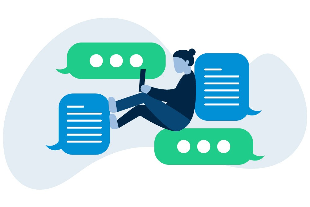 Wisetail LMS illustration of a remote worker conversing in online chat windows.