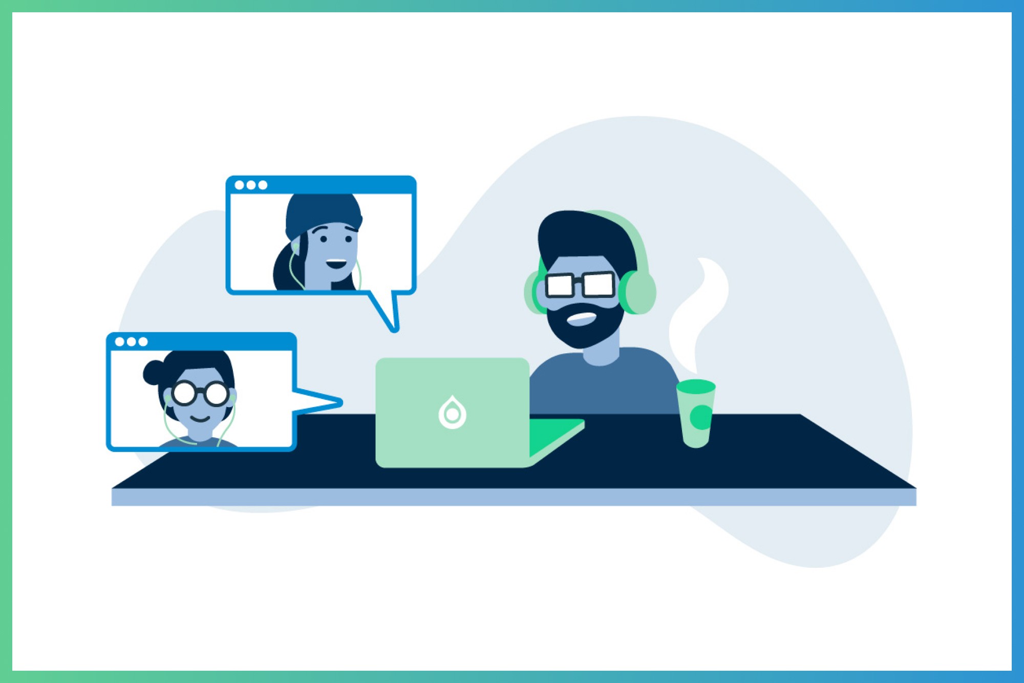 Wisetail LMS remote worker illustration conversing online.