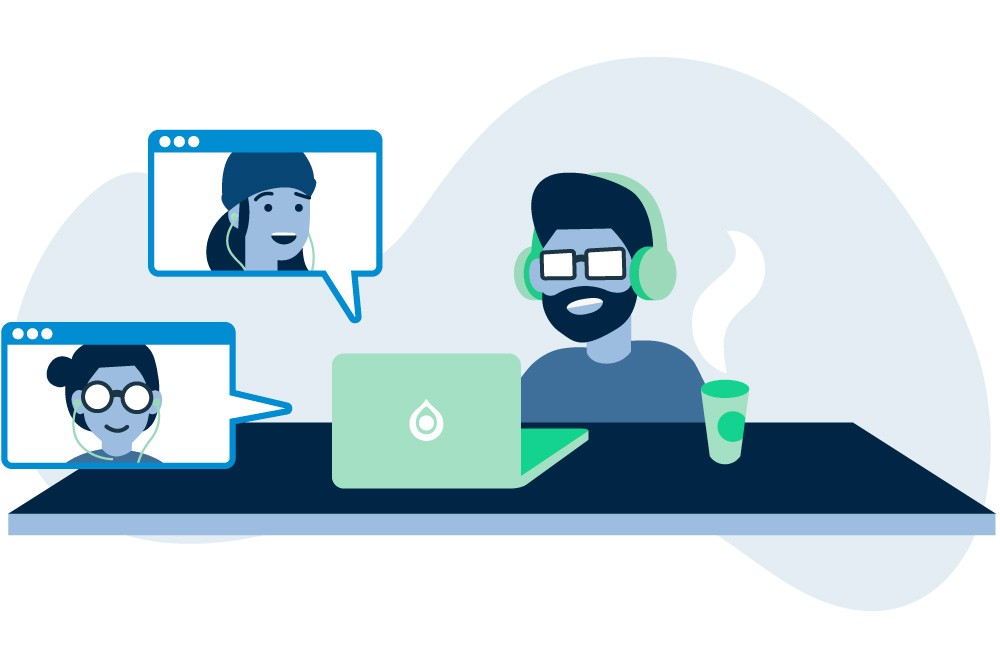 Wisetail LMS remote worker illustration conversing online.