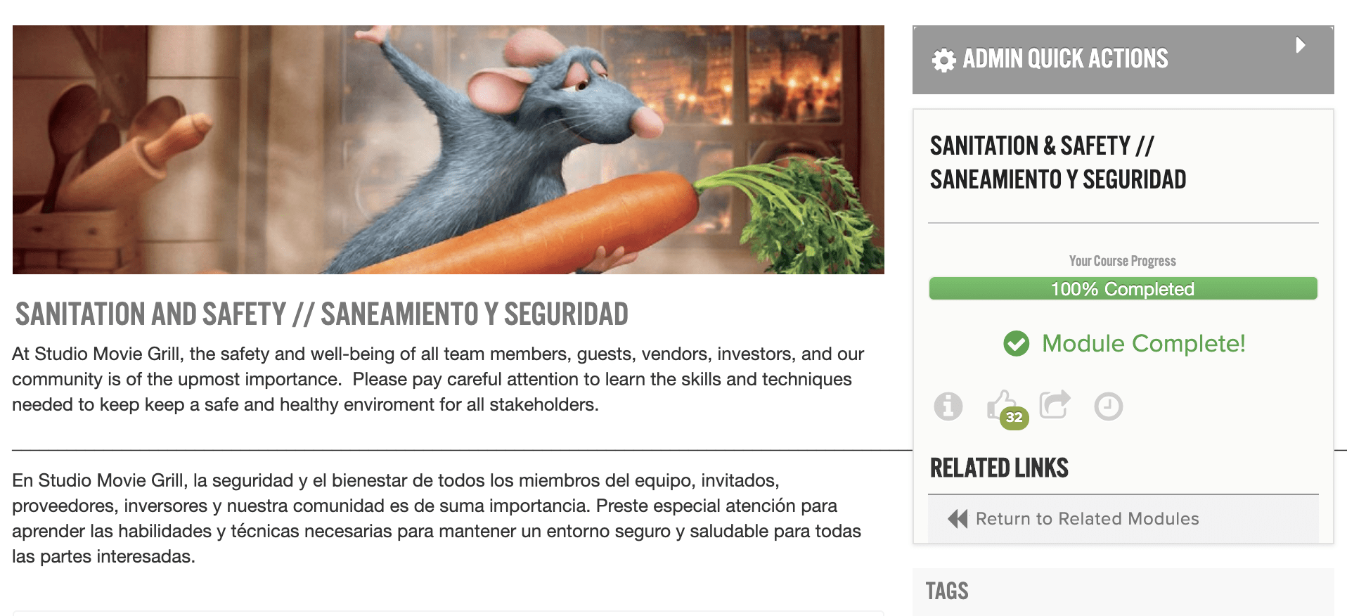 Studio Movie Grill's team opted to prioritize content around sanitation and safety for its Spanish-speaking segment of employees.