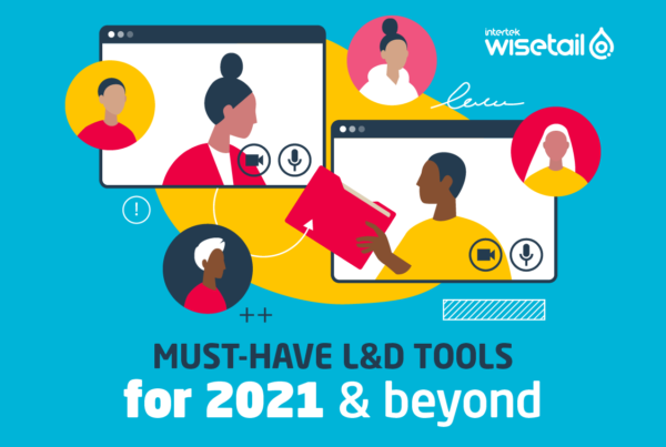 text: must have L&D tools for 2021 and beyond with illustration of people communicating digitally with folder, arrows, multiple people