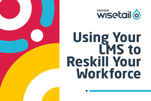 text: Using Your LMS to Reskill Your Workforce with geometric illustration