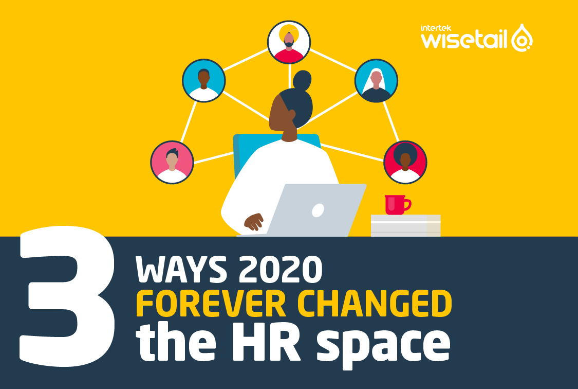 text: 3 ways 2020 forever changed the HR space; illustration of woman sitting at desk with people around her in pop up bubbles, signifying remote connection