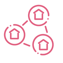 three house in bubbles forming a triangle icon