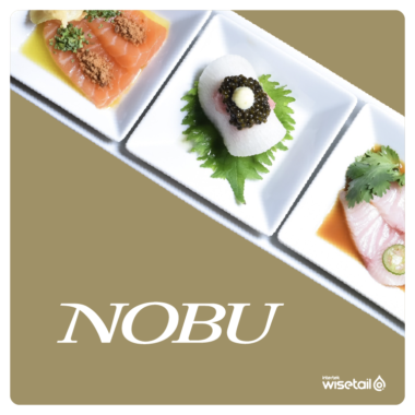plate of fancy sushi next to nobu logo on beige background