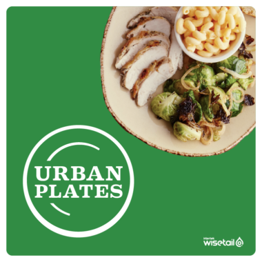 urban plates logo on green background next to plate of food with chicken, brussel sprouts, and macaroni and cheese