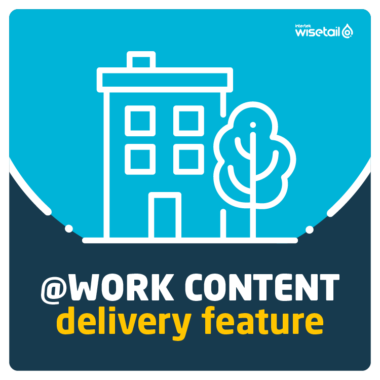 text: @work content delivery feature. image: blue/navy background, with icon of an office building and a tree.