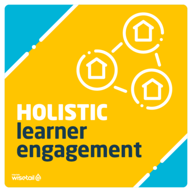 text: holistic learner engagement. image: blue/yellow combo with icon of 3 houses in a triangle with lines connecting them.
