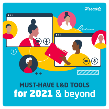 illustration, two people on a conference call handing files through the screen, with four other heads floating nearby, includes decorative elements such as scribbles and arrows; text says must-have L&D tools for 2021 & beyond