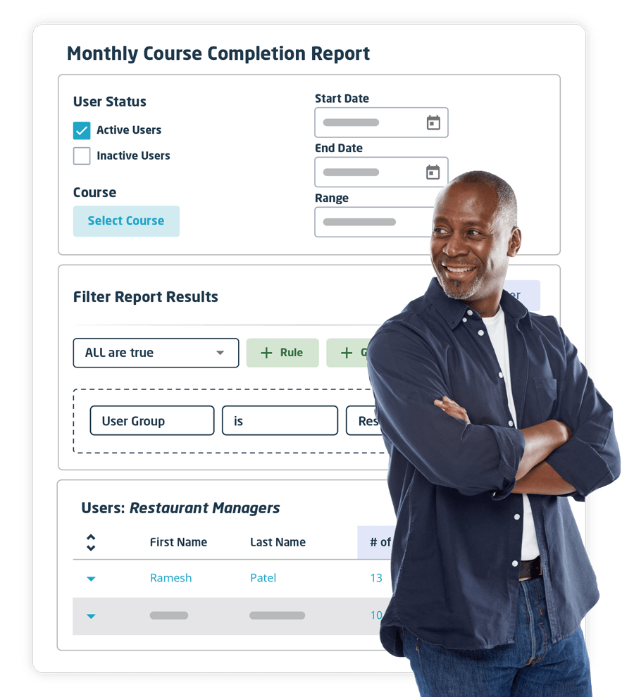 WT_WR_datareporting_trackreport Image of a man with a snapshot of the Wisetail monthly course completion report behind him.