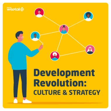 text: development revolution: culture & strategy. image: illustration of man holding chalk drawing lines connecting 5 other floating heads, signifying connection