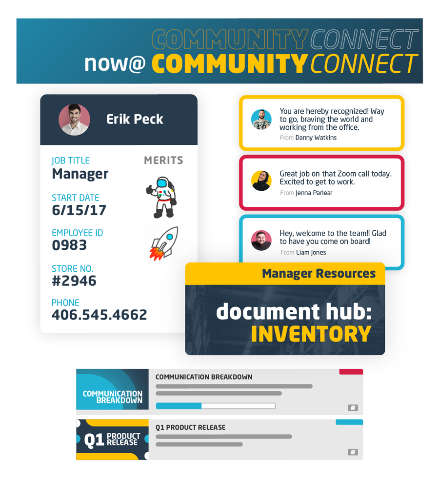 illustration of wisetail product, profile card with Manager, hire date, employee id, store number, phone number; three comments on user's profile. first: "You are hereby recognized! way to go, braving the world and working from the office. From Danny Watkins" Second: "Great job on that Zoom call today. Excited to get to work. From Jenna Parlear." Third: "Hey, welcome to the team! Glad to have you come on board! From Liam Jones". Popup of Document Hub button, text: Manager Resources - Document Hub: Inventory. Two module mockups. First: "Communications Breakdown" Second: Q1 Product Release. Top banner: "Now@Community Connect"
