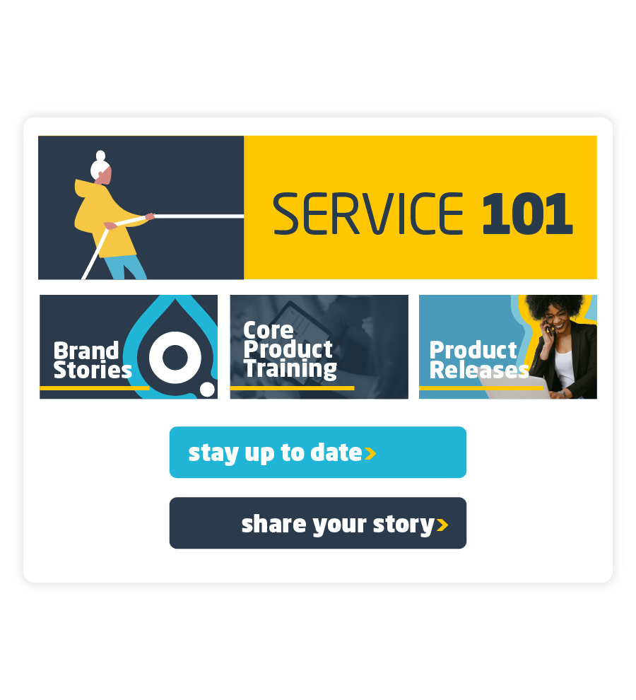 banner with modules and buttons. text: service 101; brand stories; core product training; product releases; stay up to date; share your story