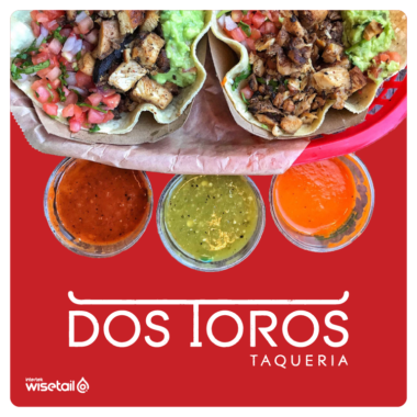 Dos Toros Taqueria logo with basket of tacos and salsas, on a red background