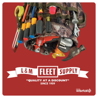 bucket of tools including hammer, screwdrivers, wrench, on a red background with L&M fleet supply logo