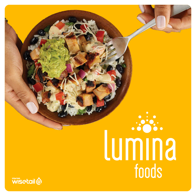 burrito bowl with fork on yellow background next to lumina foods logo