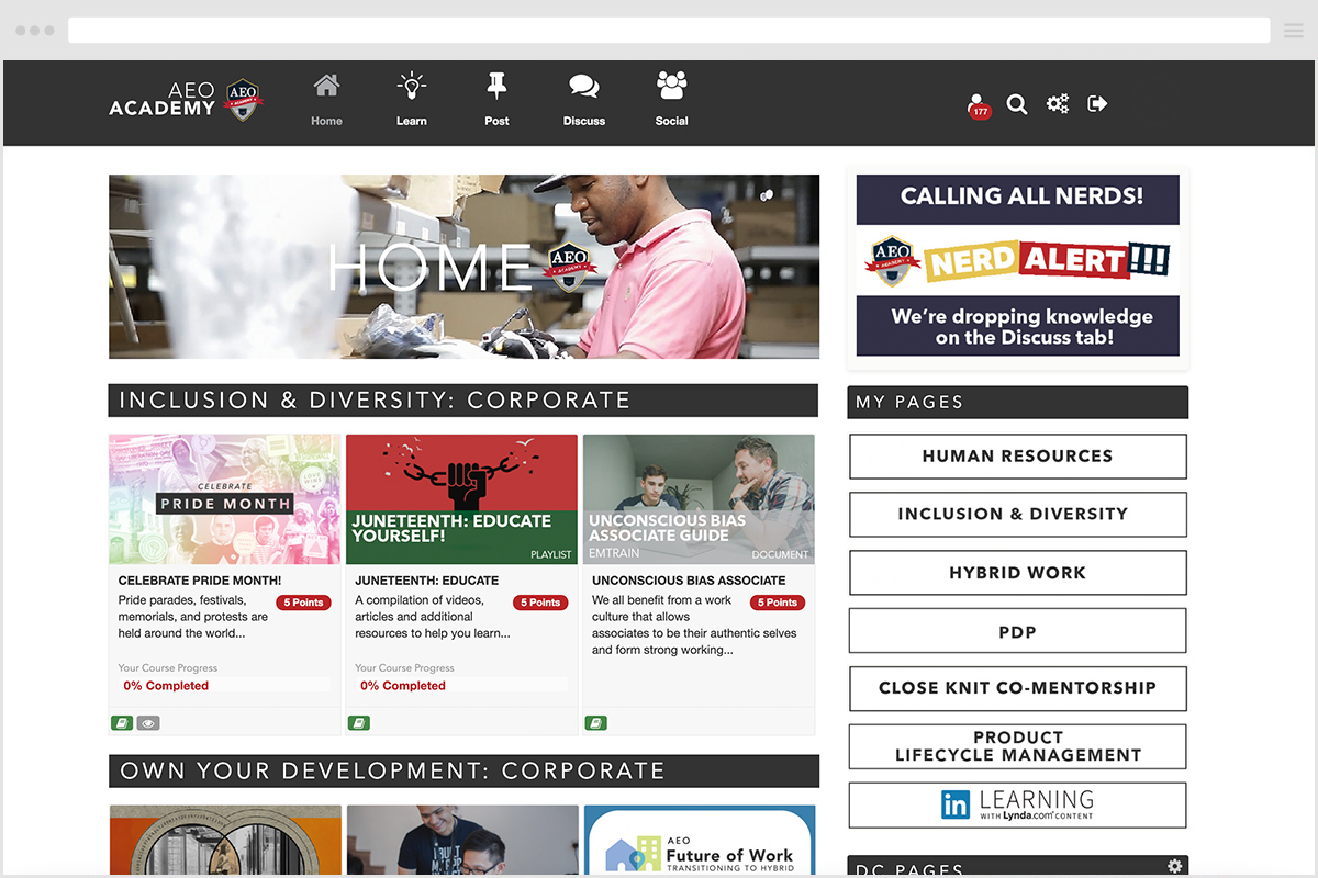 American Eagle's LXP, AEO Academy's home page. At the top is a banner saying "HOME". Immediately below is the Inclusion & Diversity section of modules including Pride Month, Juneteenth Education, and Unconscious Bias Associate Guide. Below this section is an employee personal development section. On the right column is a CTA to the Discuss page, and buttons to different relevant pages: Human Resources, Inclusion & Diversity, Hybrid Work, PDP, Close Knit Co-Mentorship, Product Lifecycle Management, and linkedin learning.