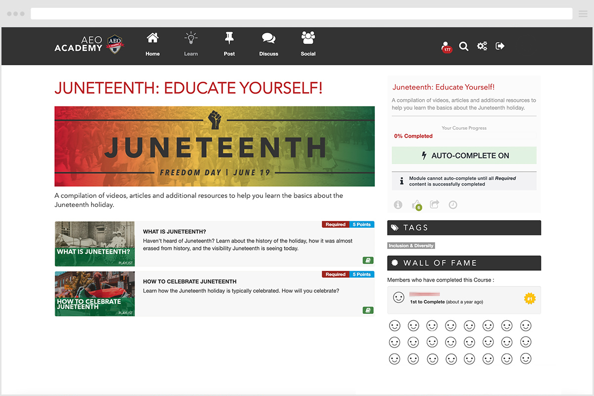 American Eagle's LXP, AEO Academy's page for Juneteenth. Red/Yellow/Green banner at the top reading JUNETEENTH, Freedom Day on June 19th. Modules on this page include "What is Juneteenth?" and "How to Celebrate Juneteenth". American Eagle also has a wall of fame for this module, showing who has completed it.