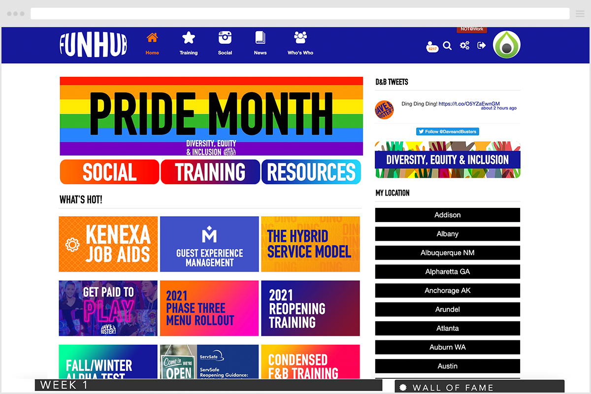 Dave & Buster's LXP, Funhub, Home Page. Rainbow banner at top reading Pride Month. Three rainbow buttons below: Social, Training, Resources. Dave & Busters segments this page by different types of training, new/curated modules, and location buttons for each store on the side of the screen.