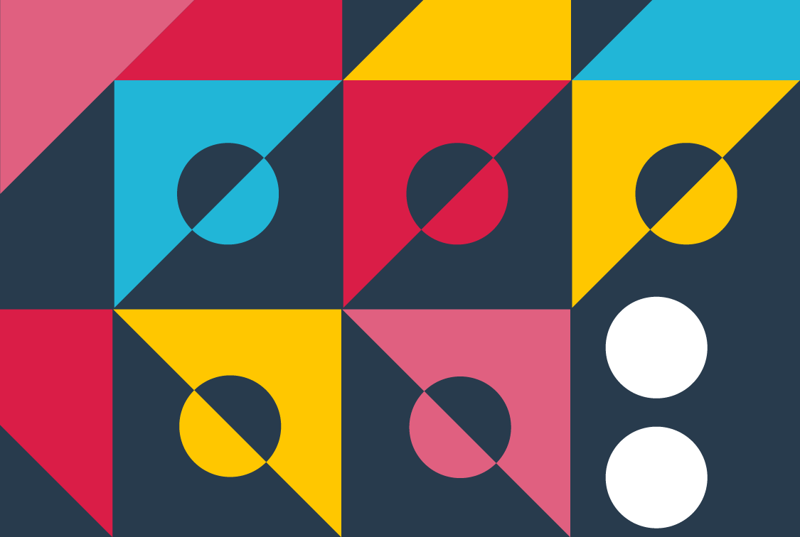 geometric image with triangles and circles in yellow, red, pink, and blue