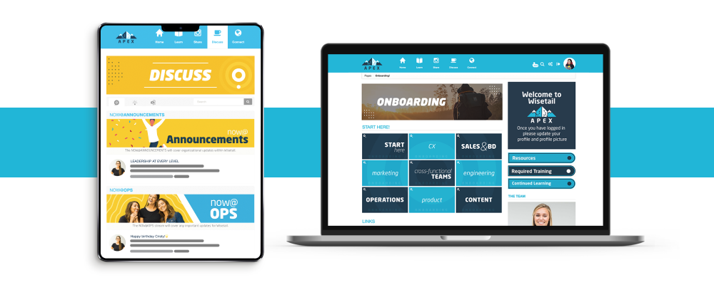 two screen mockups, an ipad and a laptop, with apex screenshots on them; banners read miscellaneous things like "discuss" and "onboarding", featuring wisetail's dialog post features