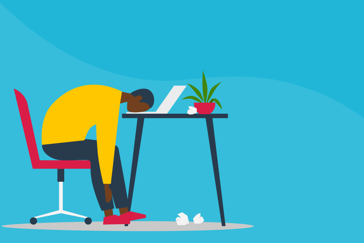 Illustration, a young exhausted man rests his head on his open laptop while sitting at a messy desk.