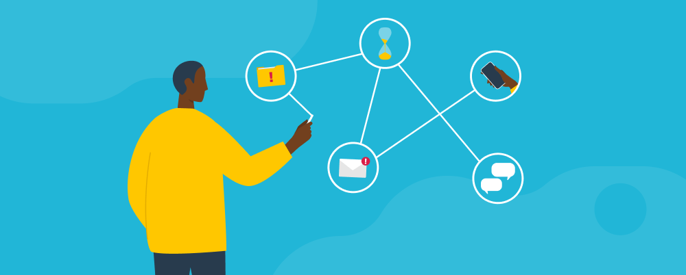 Illustration: A man draws a diagram of workplace stressors including paperwork, deadlines, urgent emails, meetings, and managing communication channels.