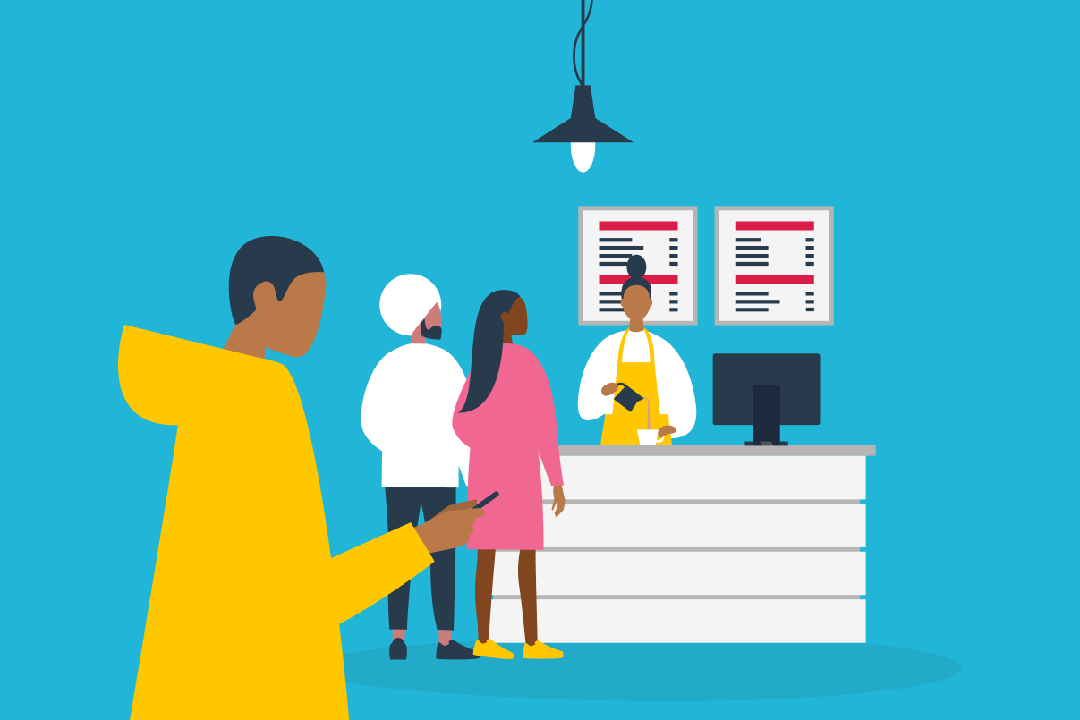 Illustration: A couple waits at a cafe register as the barista pours their coffee. Beind them, a young man looks at his phone as he waits in line.