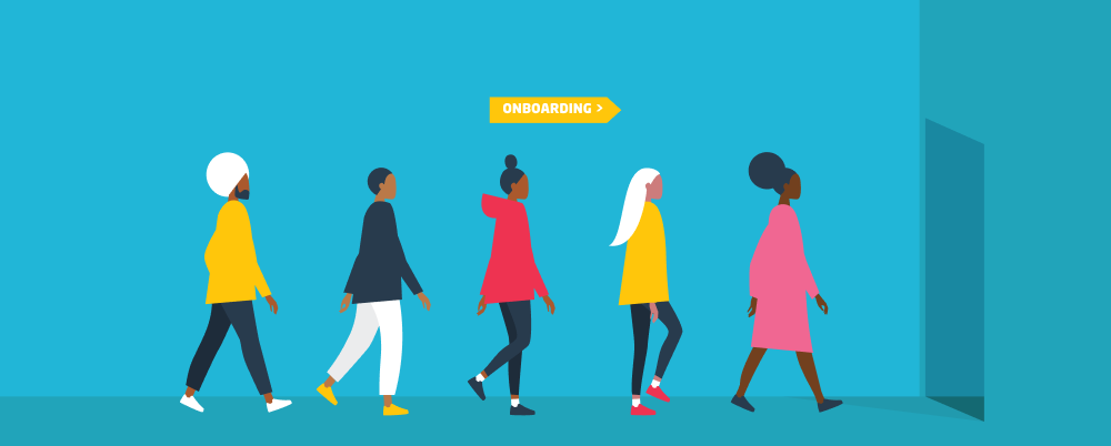 Illustration: New employees walk down a hallway toward a doorway labeled “onboarding."