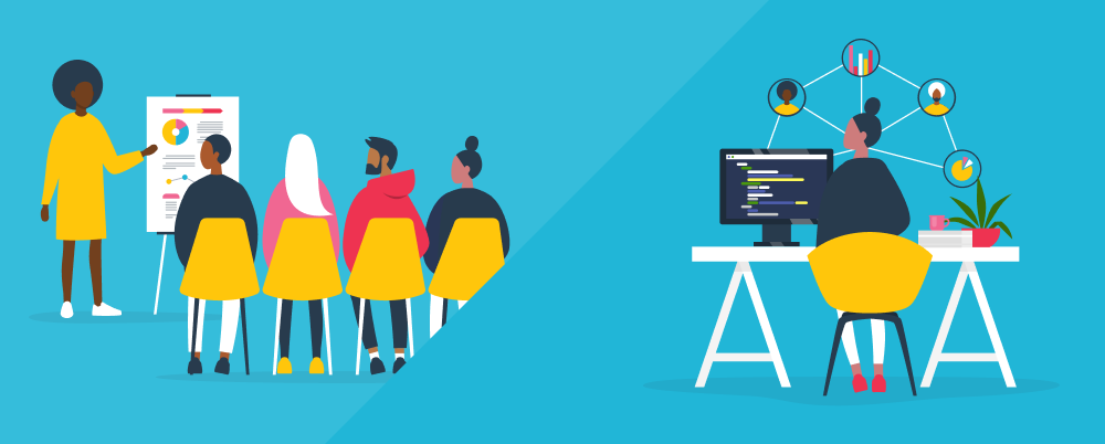 Illustration: On the left, a woman gives presentation to a group of new hires. On the right, a new hire works at her desk using the knowledge she learned during training.