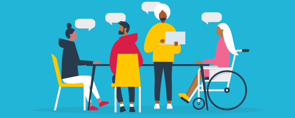 Illustration: Employees discuss a new project together at a table.