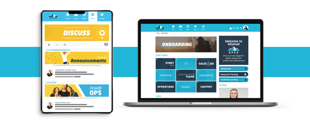 Image: Mockup of laptop computer and tablet showing Wisetail's LXP, Apex
