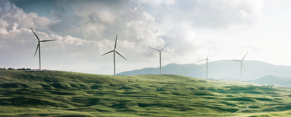 Photo: Modern windmills rise above grassy hills into a cloudy sky.
