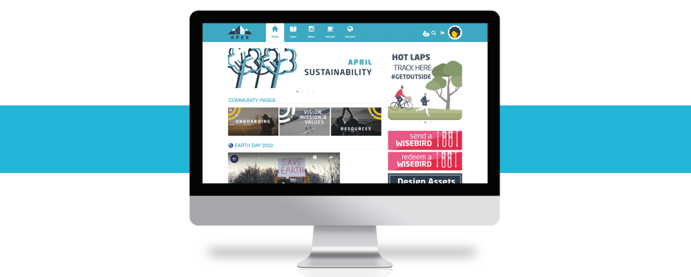 Photo: a mockup of a computer monitor showing Apex's homepage with a banner announcing April’s monthly theme: sustainability