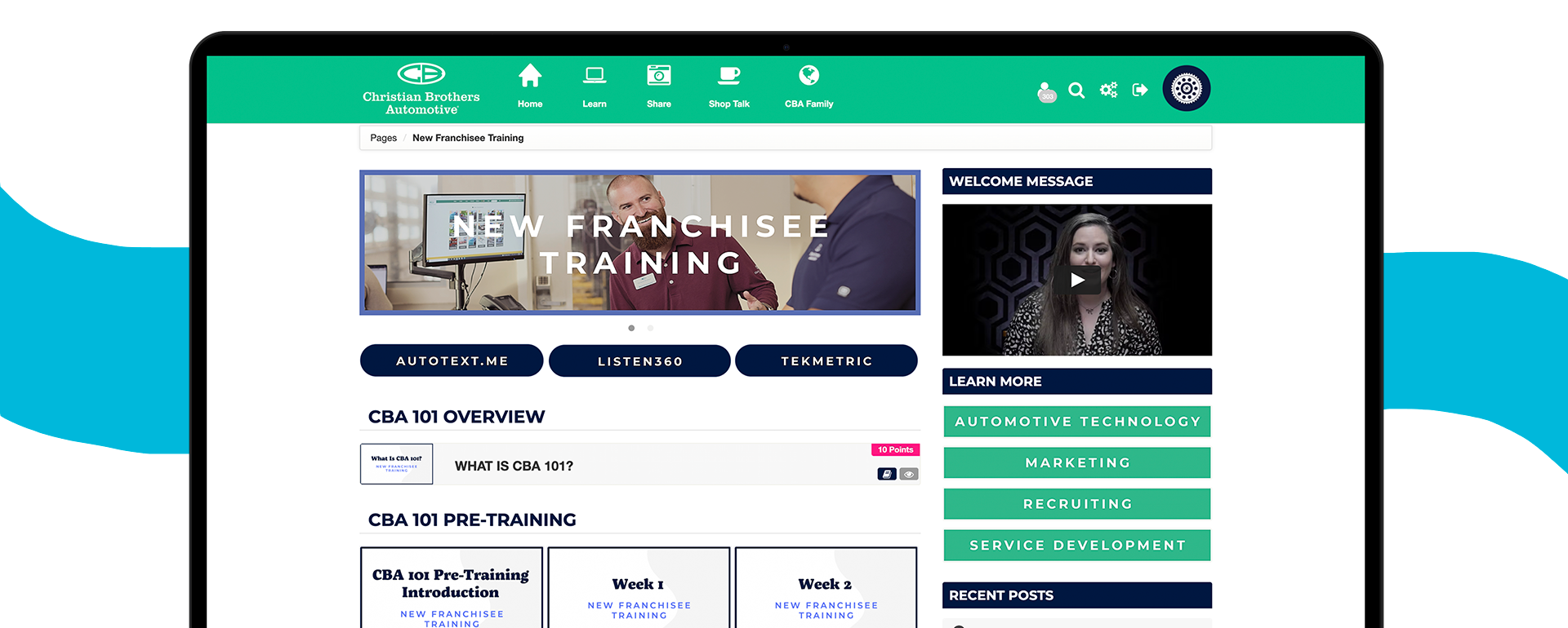 Franchisee training page on Christian brothers automotive's LMS, The Flywheel. Shows banner with text "New franchisee training", buttons, modules, and welcome video.