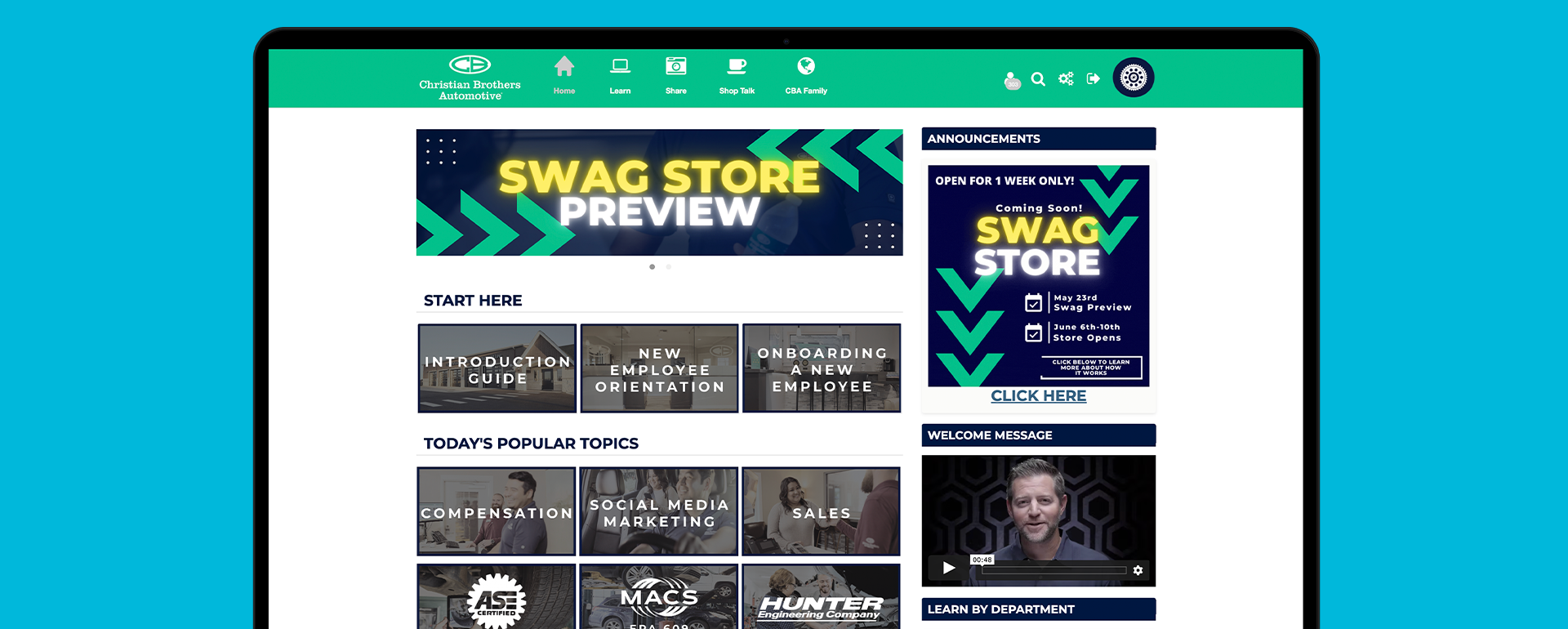 Home page of Christian brothers automotive's LMS, The Flywheel. Shows banner, modules, welcome videos, and announcement widget of Wisetial LMS