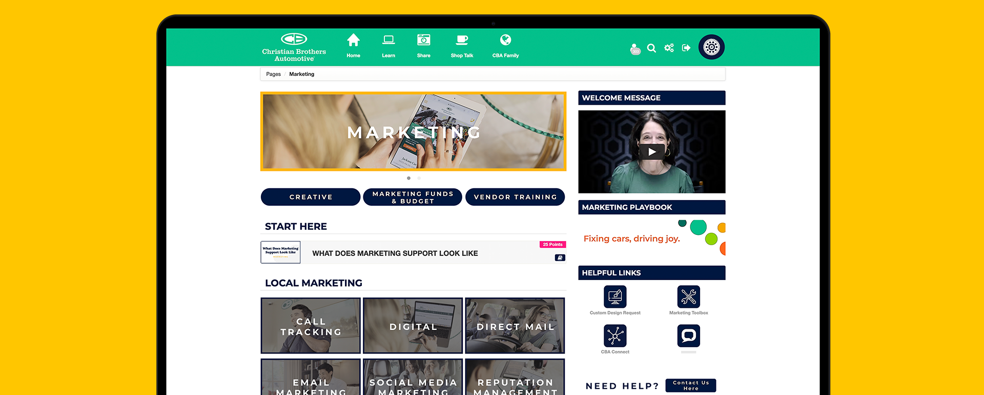 Marketing page on Christian brothers automotive's LMS, The Flywheel. Banner, buttons, modules, and a welcome video on the page.