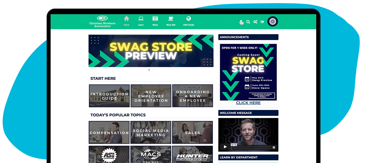 christian brothers automotive's LMS, "the flywheel", home page. banners, modules, announcement, and welcome video on this page.