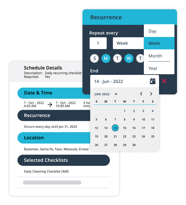 two overlays of ontrack product showing schedule details of scheduling a checklist, and setting up recurring schedule. you can choose date/time, reucrrence, location, multiple checklists, and a cadence.