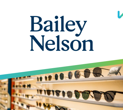 baiey nelson logo with photo of glasses on a rack wisetial logo