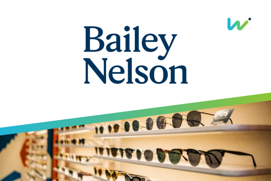 baiey nelson logo with photo of glasses on a rack wisetial logo