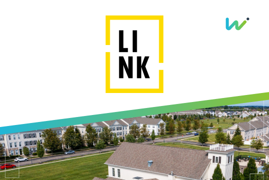 link property management logo and photo of neighborhood with wisetail logo