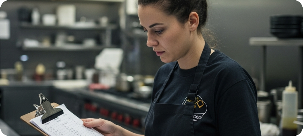 A stressed out female employee looks at archaic paper checklist, frustrated